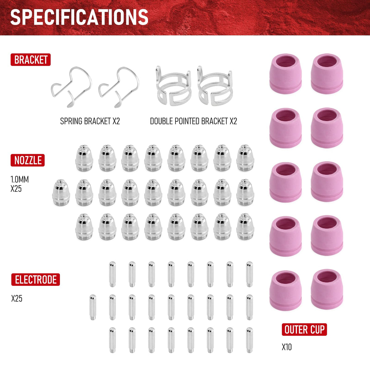 RX WELD AG60P cups, nozzles, and electrodes neatly arranged for clean cuts