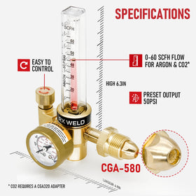 RX WELD regulator attached to CGA-580 tank for stable shielding gas delivery.