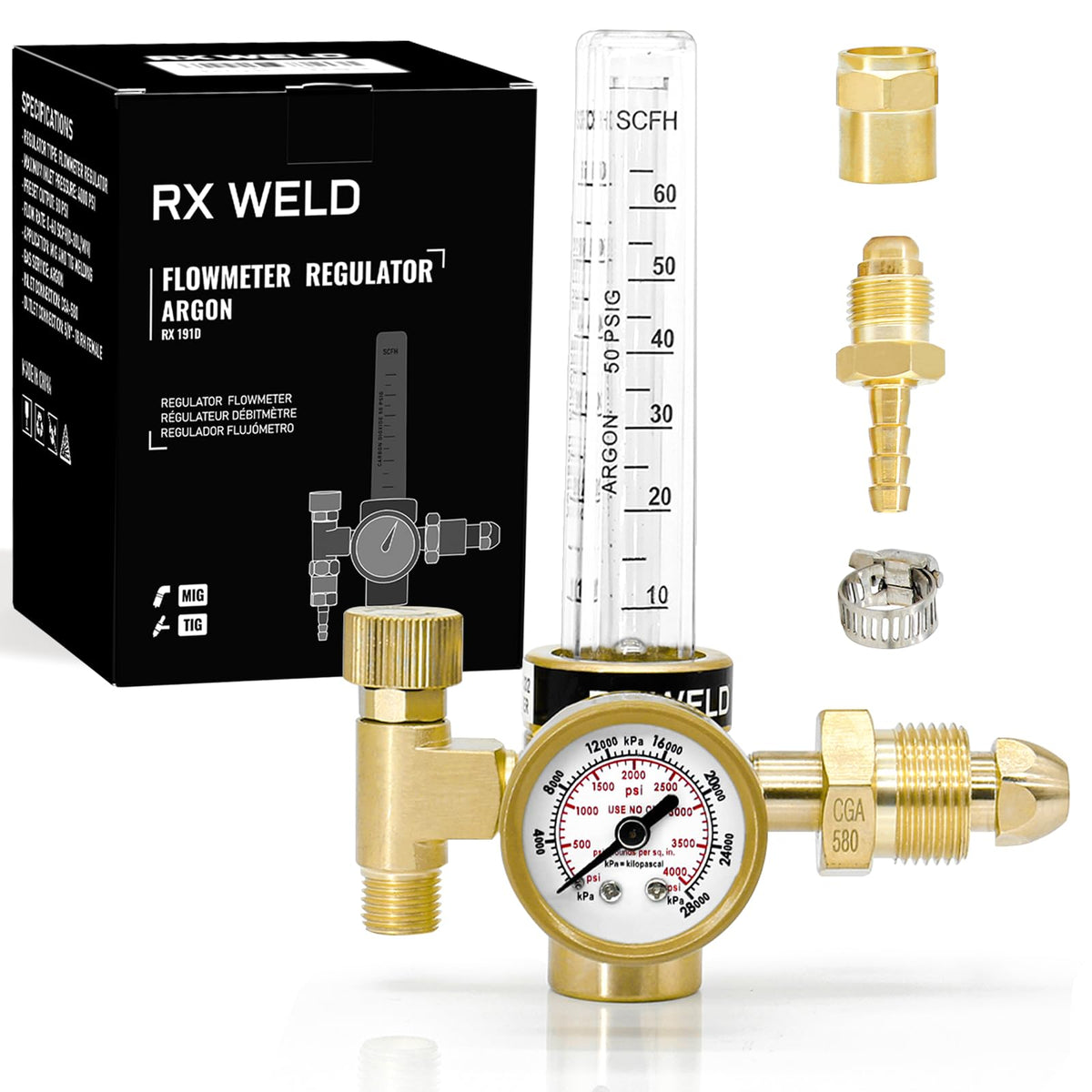 RX WELD argon regulator close-up showing precise gas flow control for MIG welding.