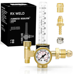 RX WELD argon regulator close-up showing precise gas flow control for MIG welding.