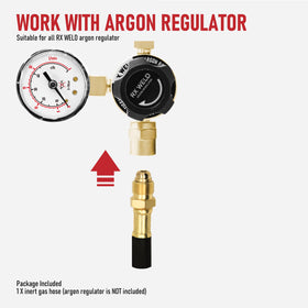 RX WELD hose connected from regulator to welder, clean gas delivery setup