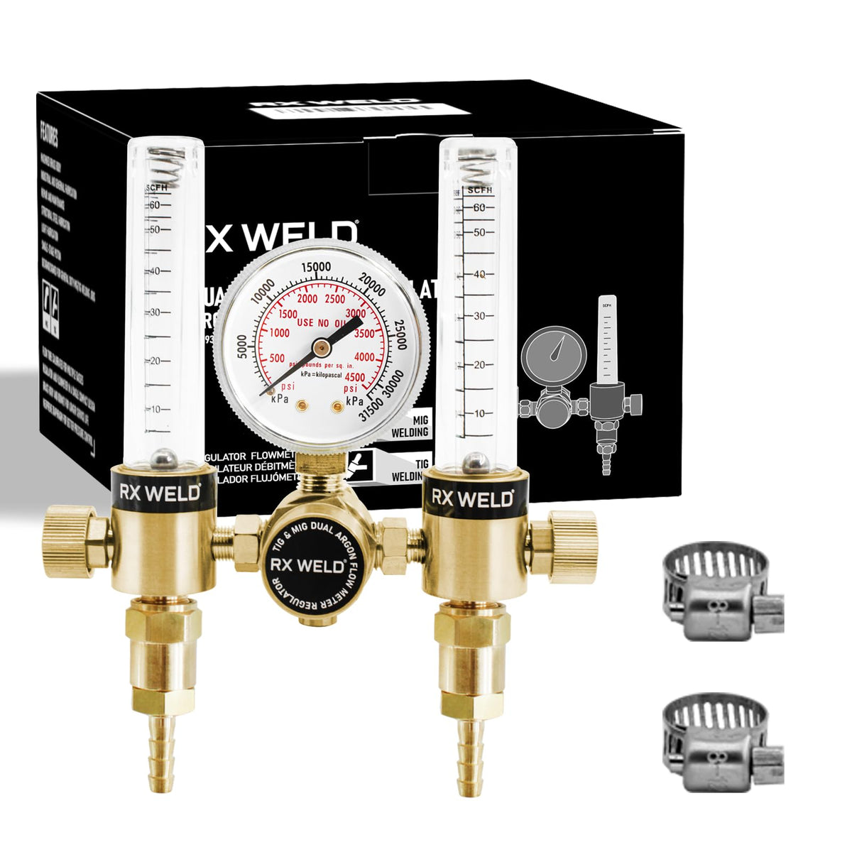 RX WELD dual output regulator front view highlights sturdy brass construction for durability