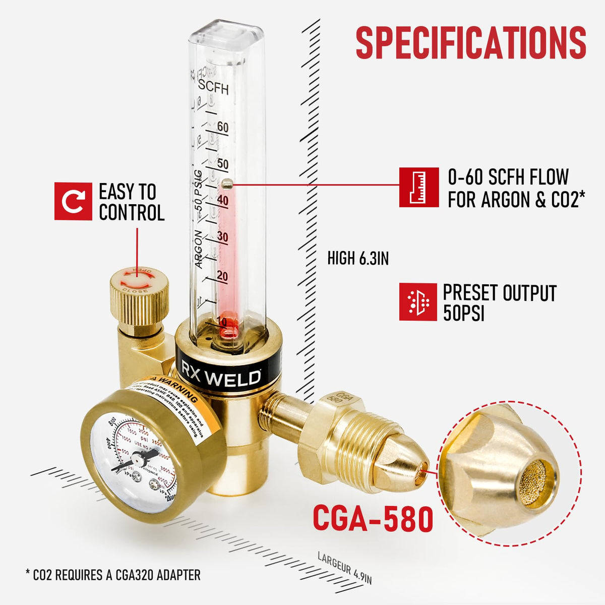 Close-up of the RX WELD flowmeter gauge indicating current gas flow