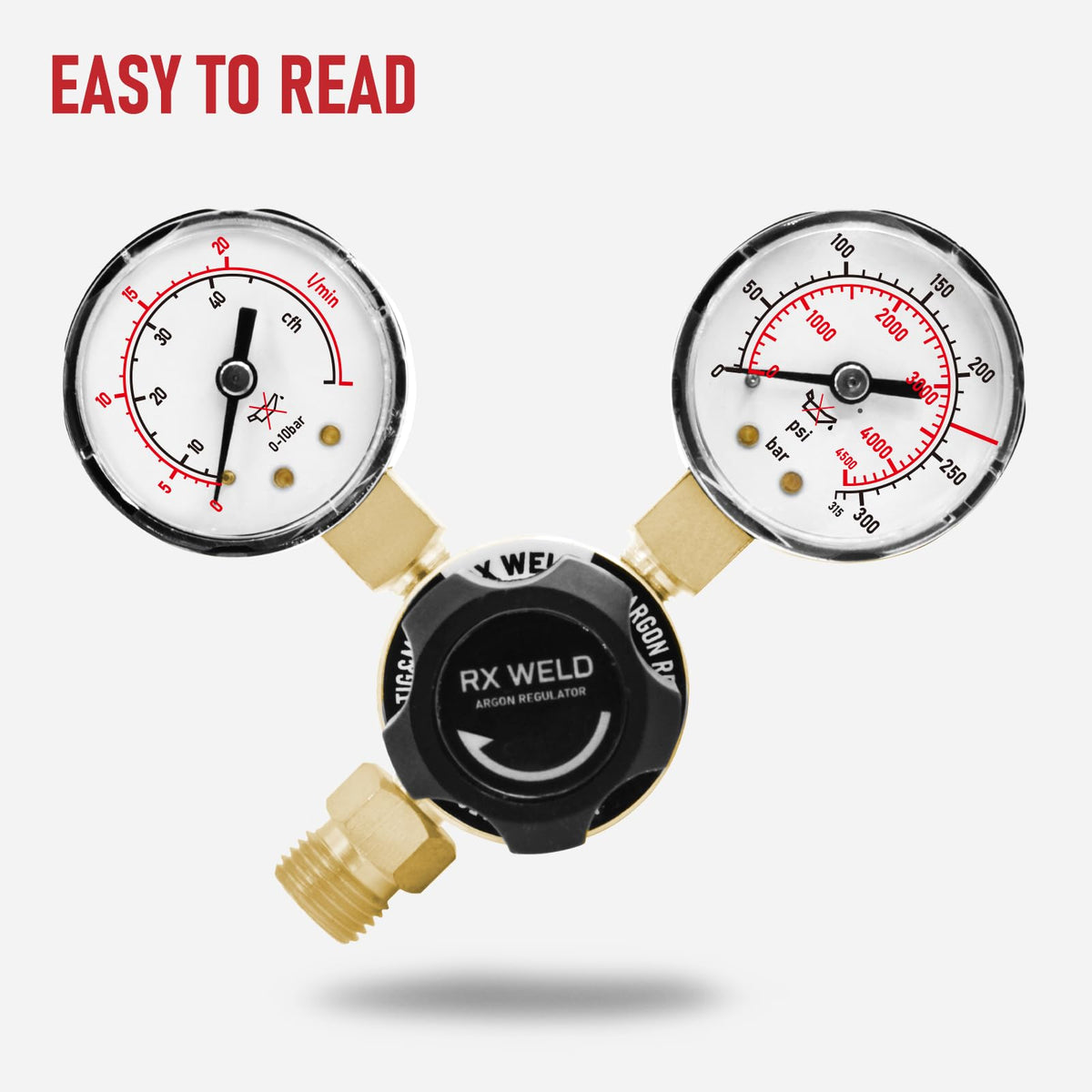 RX WELD flowmeter gauge displaying adjustable gas flow