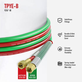 RX WELD Grade R twin-line hose showing flexible outer cover for tough shop use.