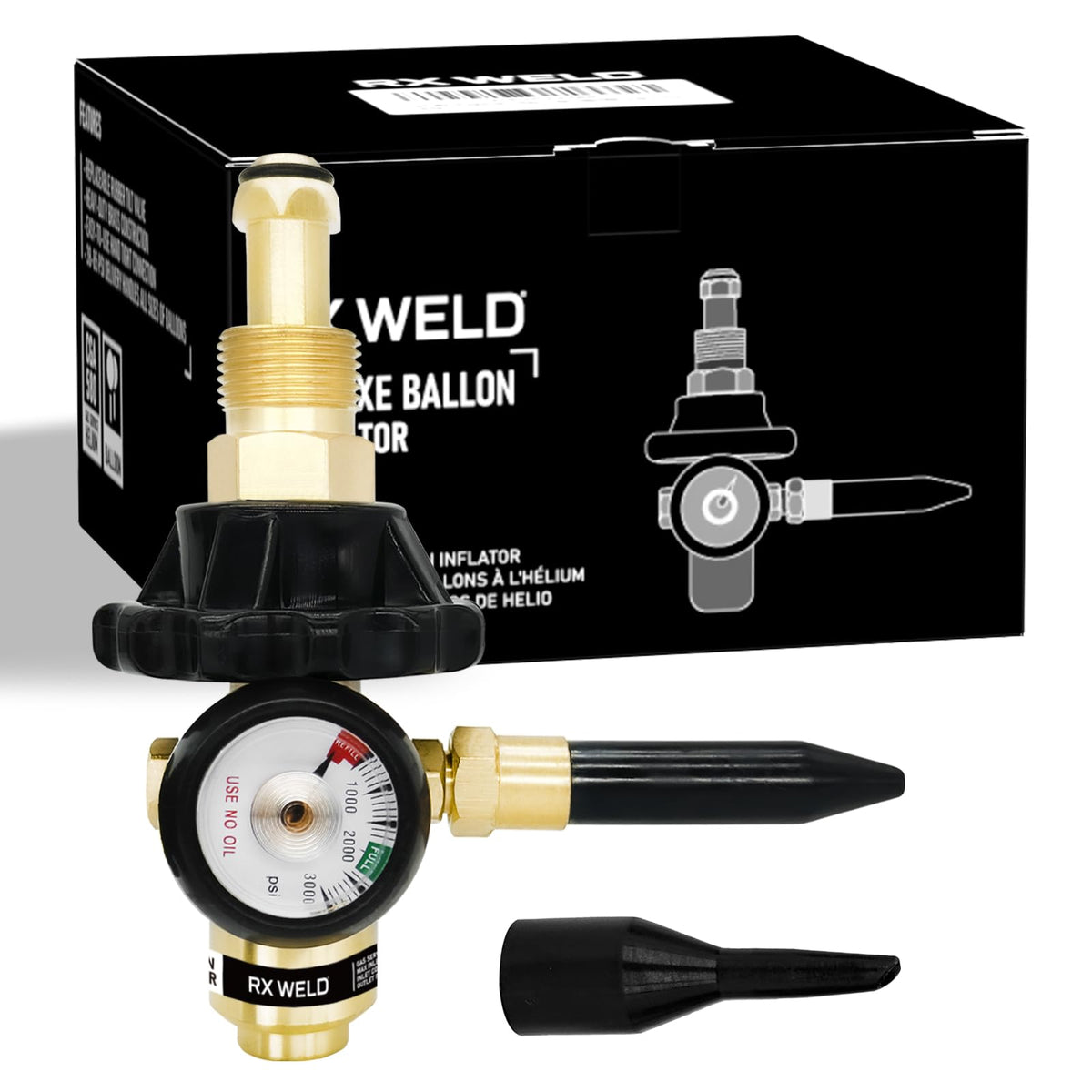 RX WELD helium regulator with CGA580 gauge for precise fills