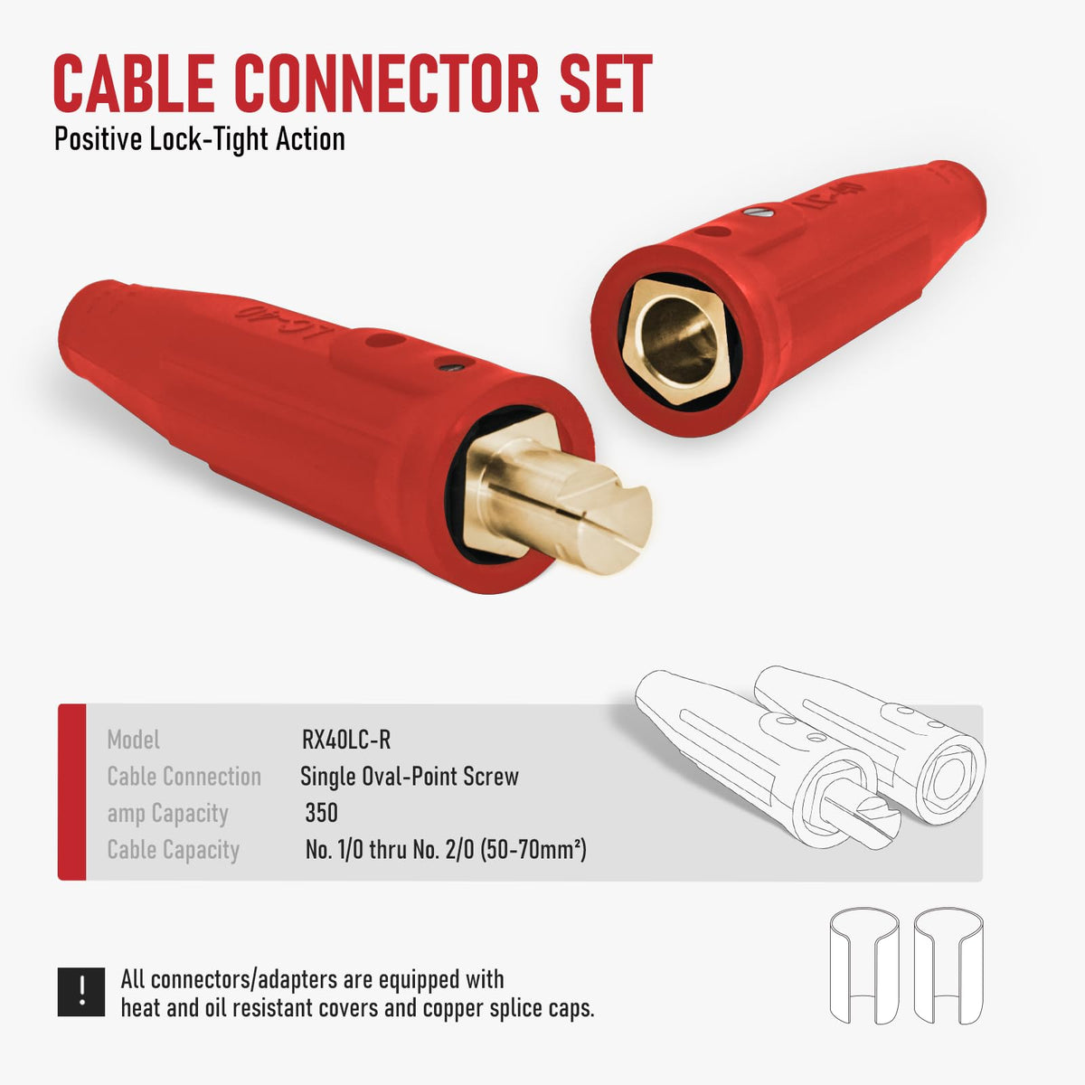 RX WELD LC40 connector-female: precision brass female end for 1/0–2/0 cables, easy securing.