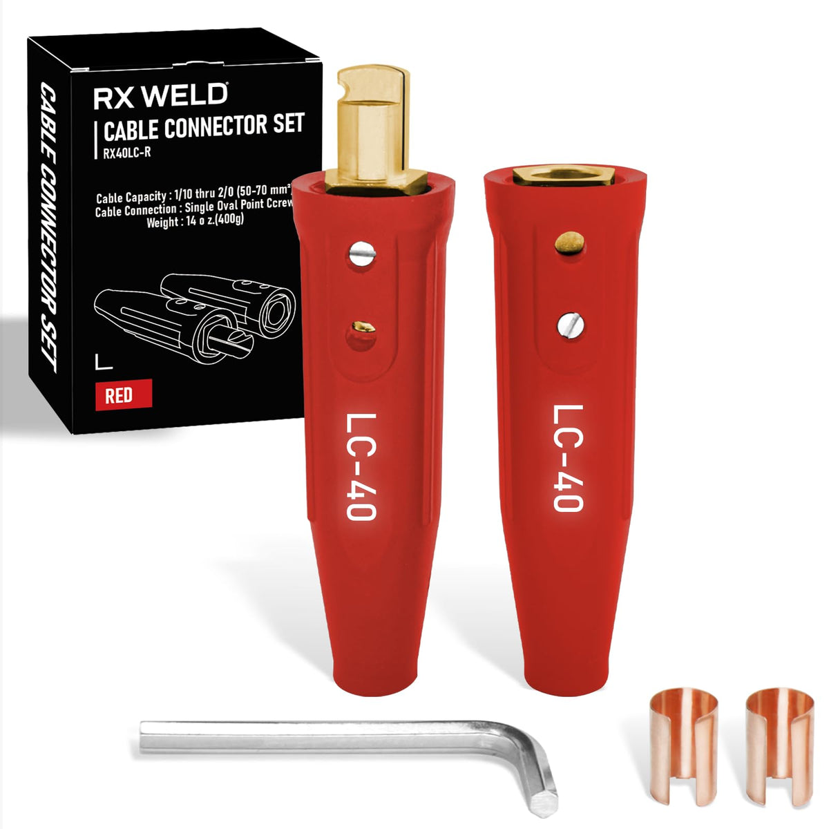 RX WELD LC40 connector-male: robust brass end for 1/0–2/0 cables, reliable connections.