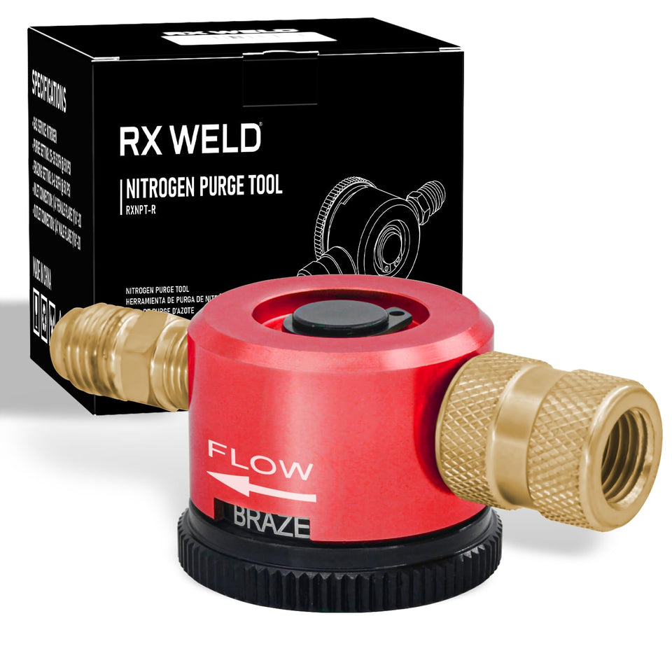 RX WELD nitrogen purge tool with red brass body ready for HVAC purging
