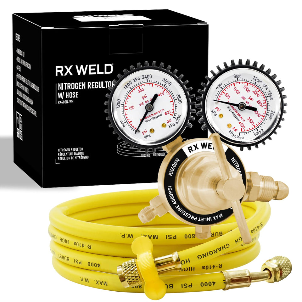 RX WELD nitrogen regulator front view with easy-to-read gauges for precise pressure control.