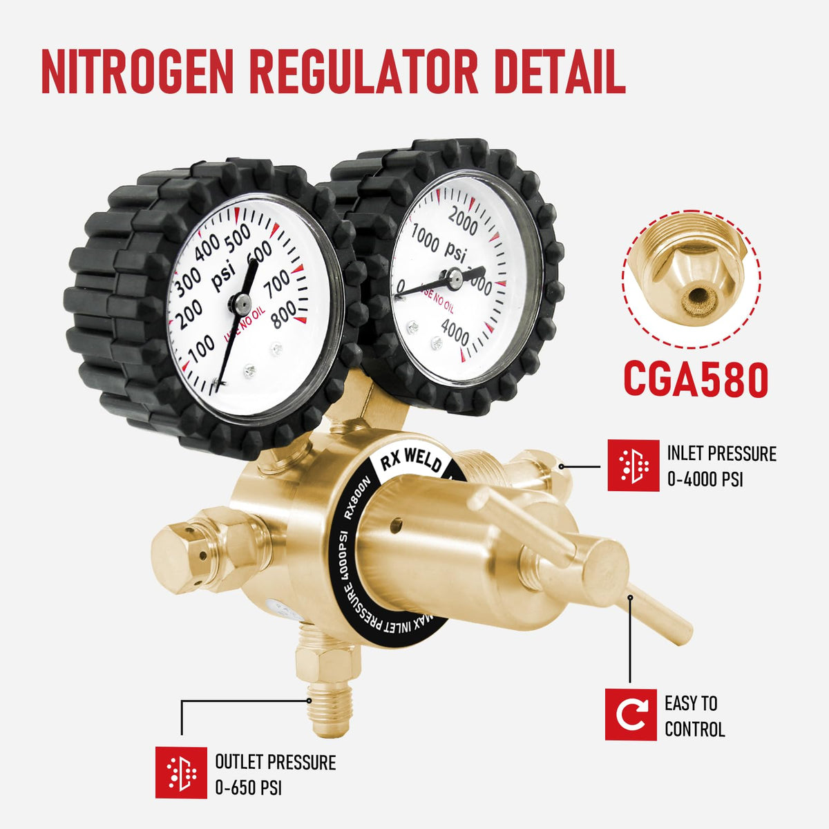 RX WELD regulator with quarter inch SAE male outlet for versatile fittings.