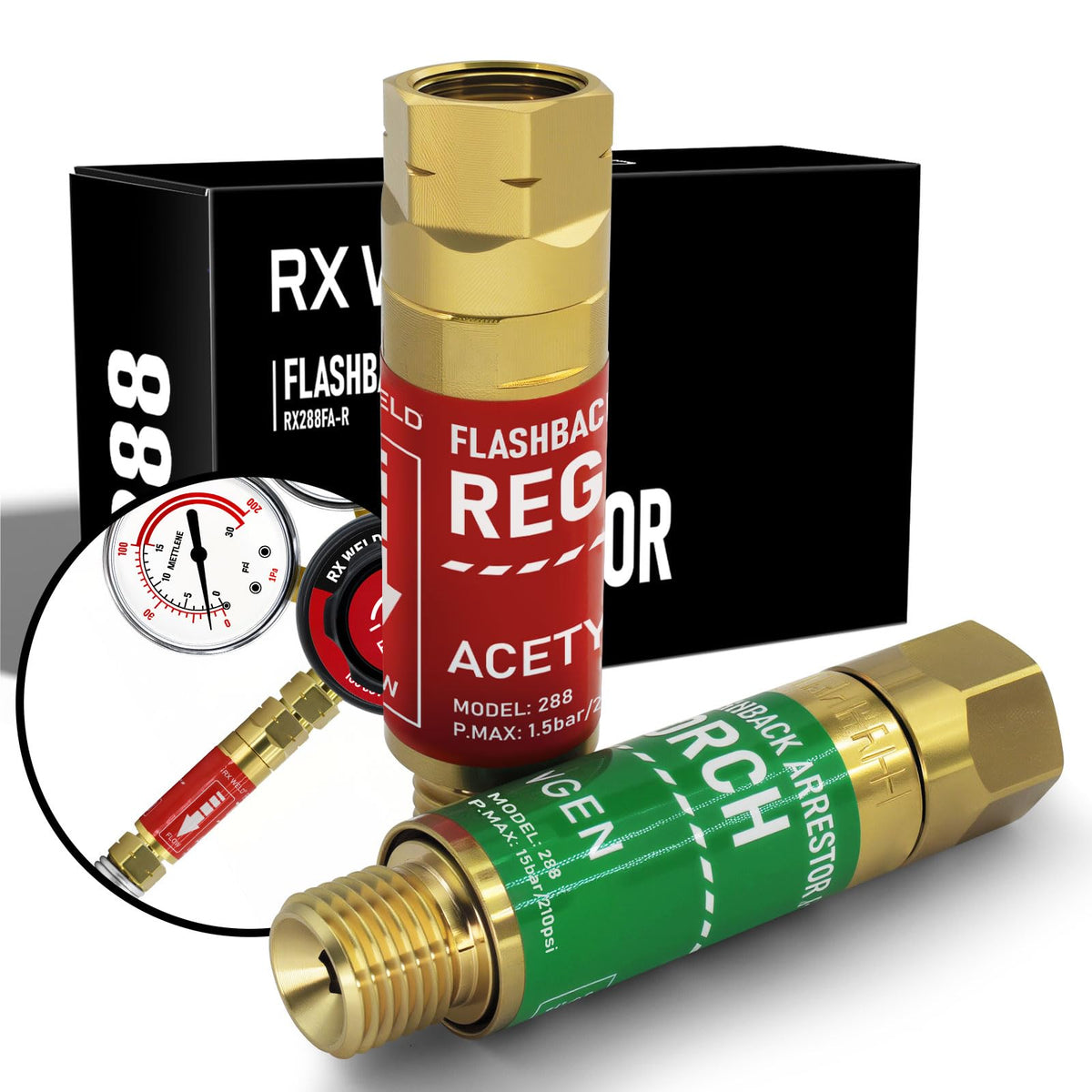 RX WELD oxygen acetylene flashback arrestor end showing safe regulator-to-hose connection and one-way flow