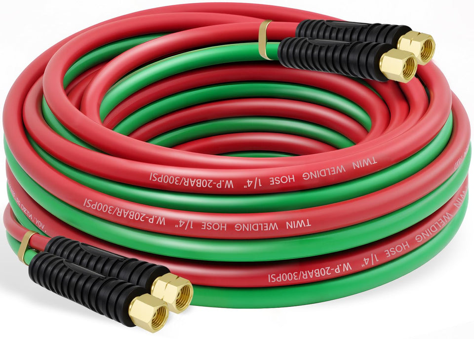RX WELD oxygen-acetylene twin hose for 25 ft reach, enabling flexible oxy-fuel setups.