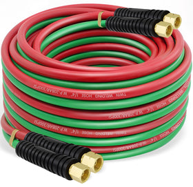 RX WELD twin hose supplies oxygen and acetylene for welding tasks.