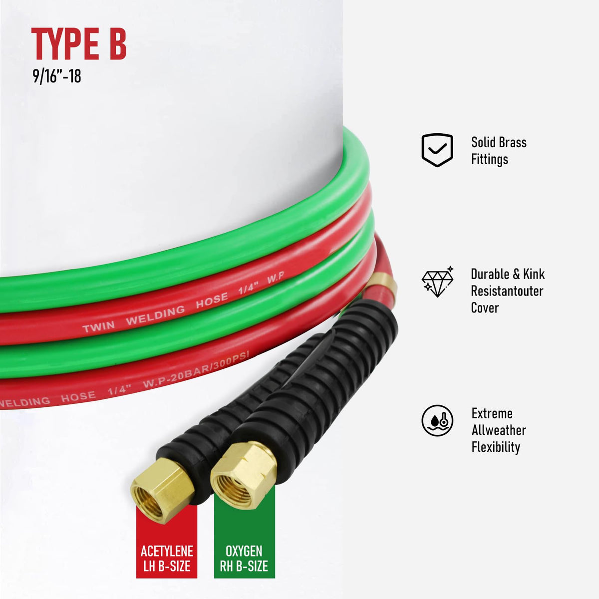 RX WELD hose shows 9/16-18 BF fittings for secure connections.