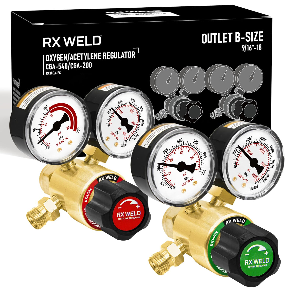RX WELD oxygen regulator CGA540 front view for precise gas delivery.