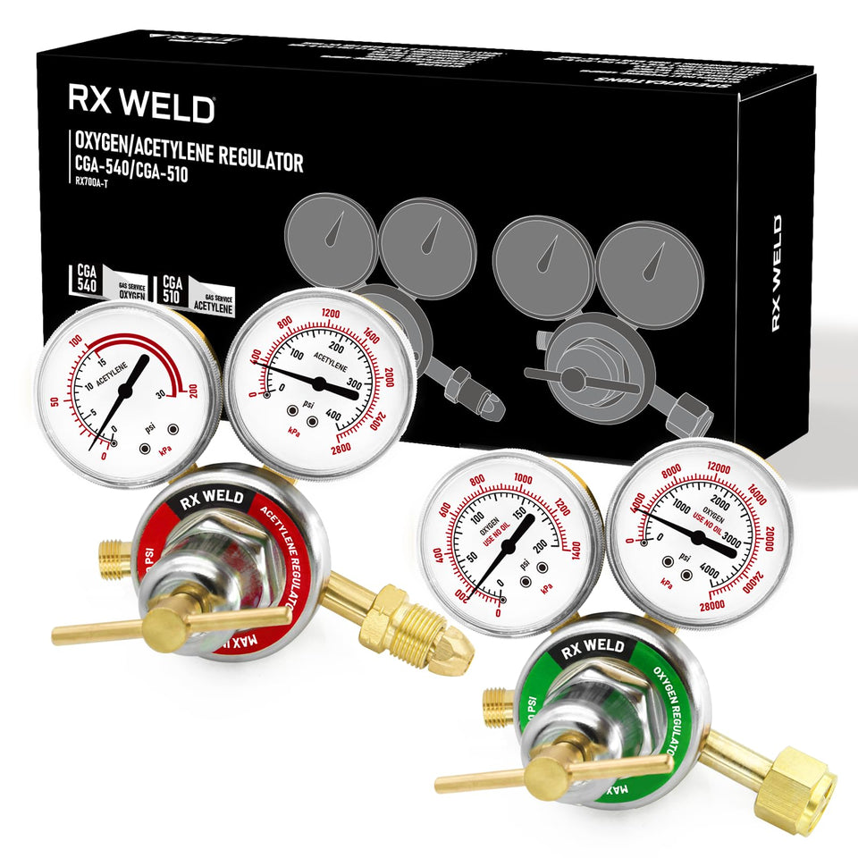 RX WELD oxygen regulator with CGA-540 inlet for precise welding gas control.
