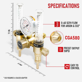 RX WELD regulator flow gauge close-up shows precise 0-4500 PSI range for accurate control