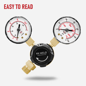 RX WELD regulator gauge display showing delivery pressure at a glance