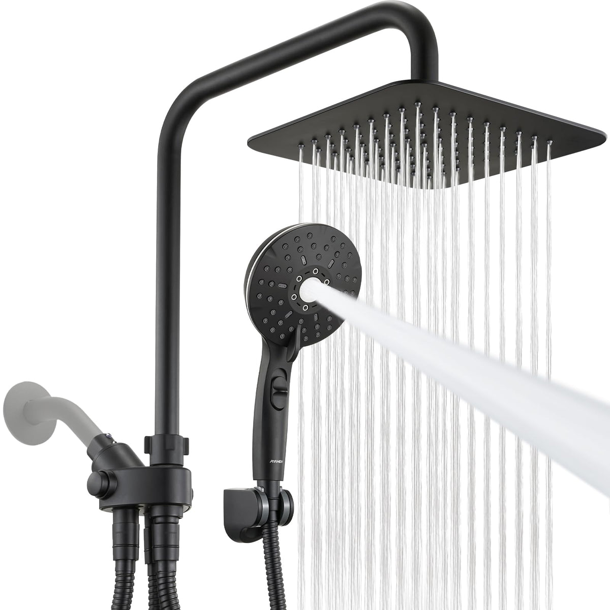 Ryamen dual shower head combo front view showing 8-inch rainfall head for spa-like showers.