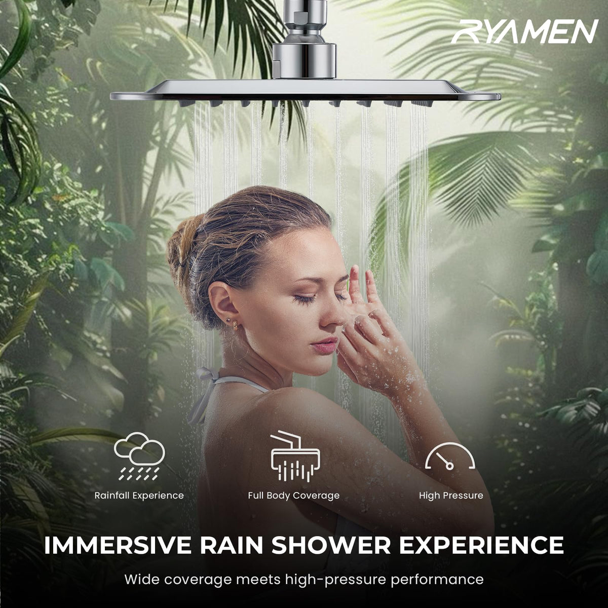Ryamen handheld showerhead showing 6+1 spray patterns for versatile rinsing