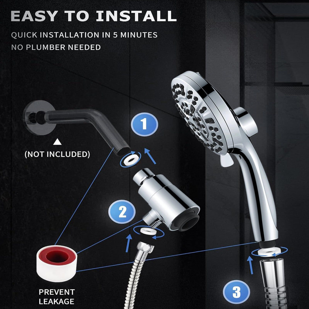 Ryhiac handheld showerhead with 59-inch hose for flexible rinsing.