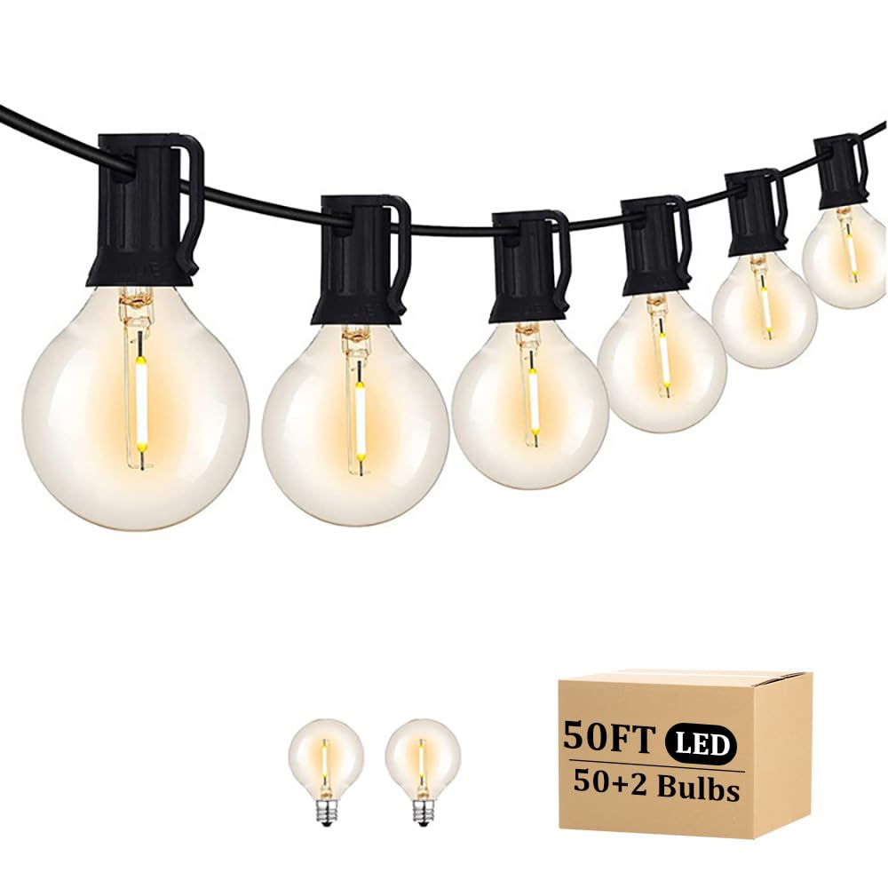 RYKUG outdoor string light on a patio with a black wire for a warm evening ambiance.