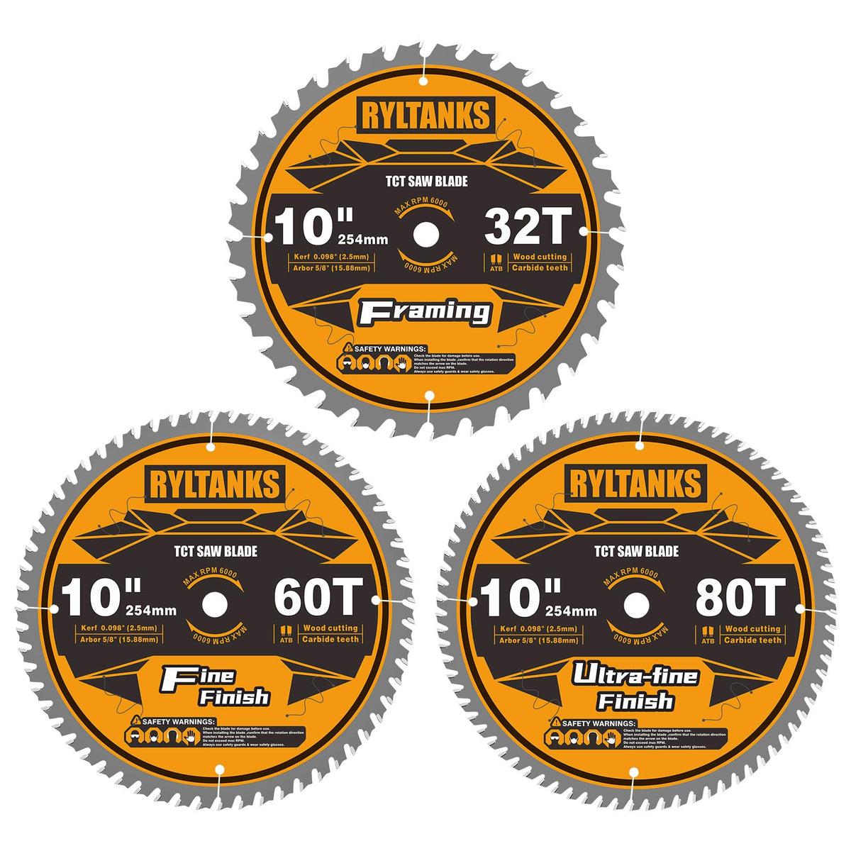 Ryltanks 10-Inch table saw blade framing close-up showing 32T teeth for sturdy framing cuts.