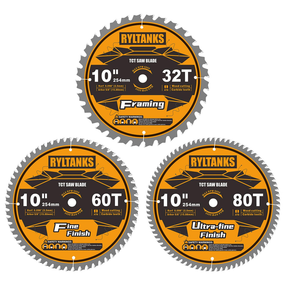 Ryltanks 10-Inch table saw blade framing close-up showing 32T teeth for sturdy framing cuts.