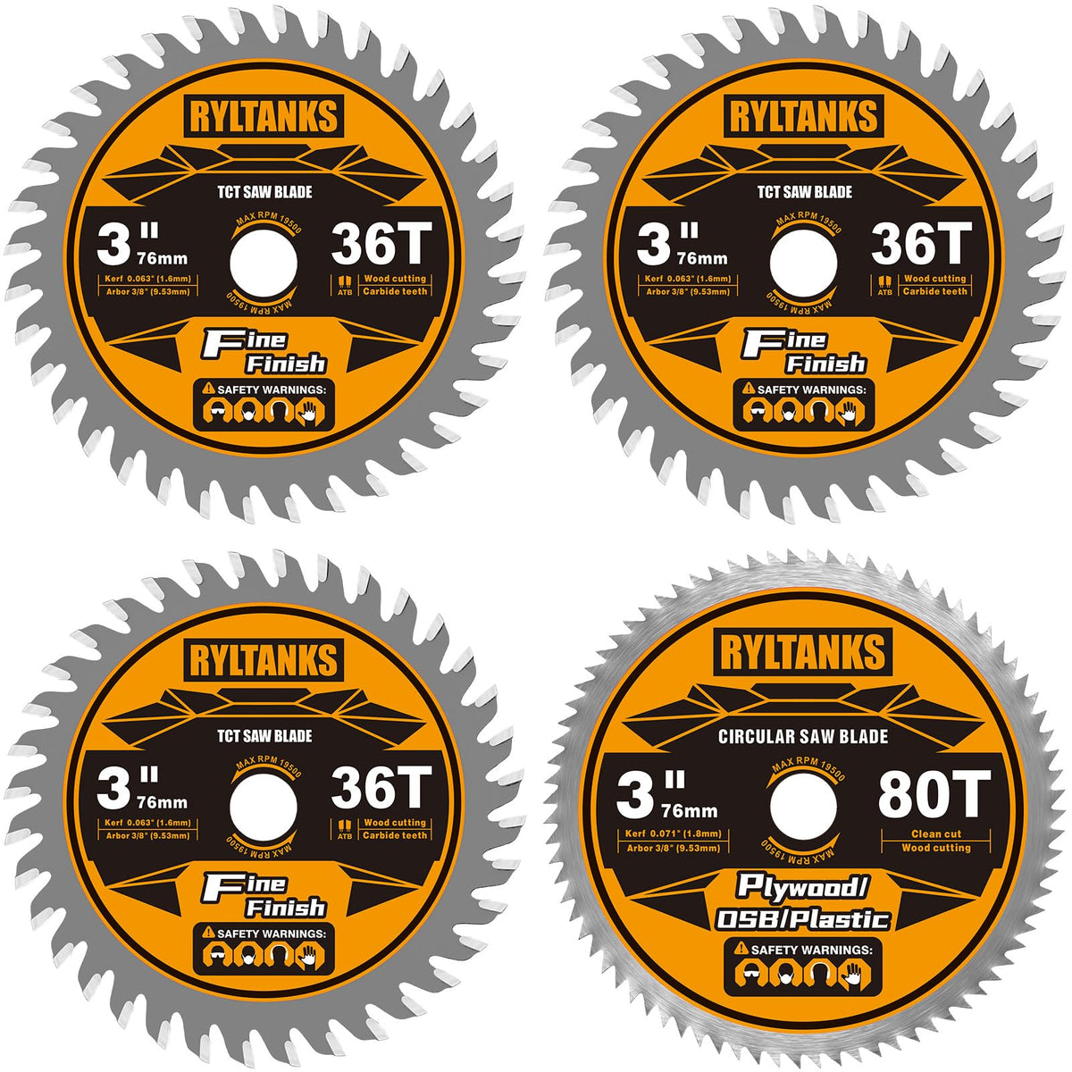 Ryltanks 3in 36T carbide blade close-up for durable wood cuts