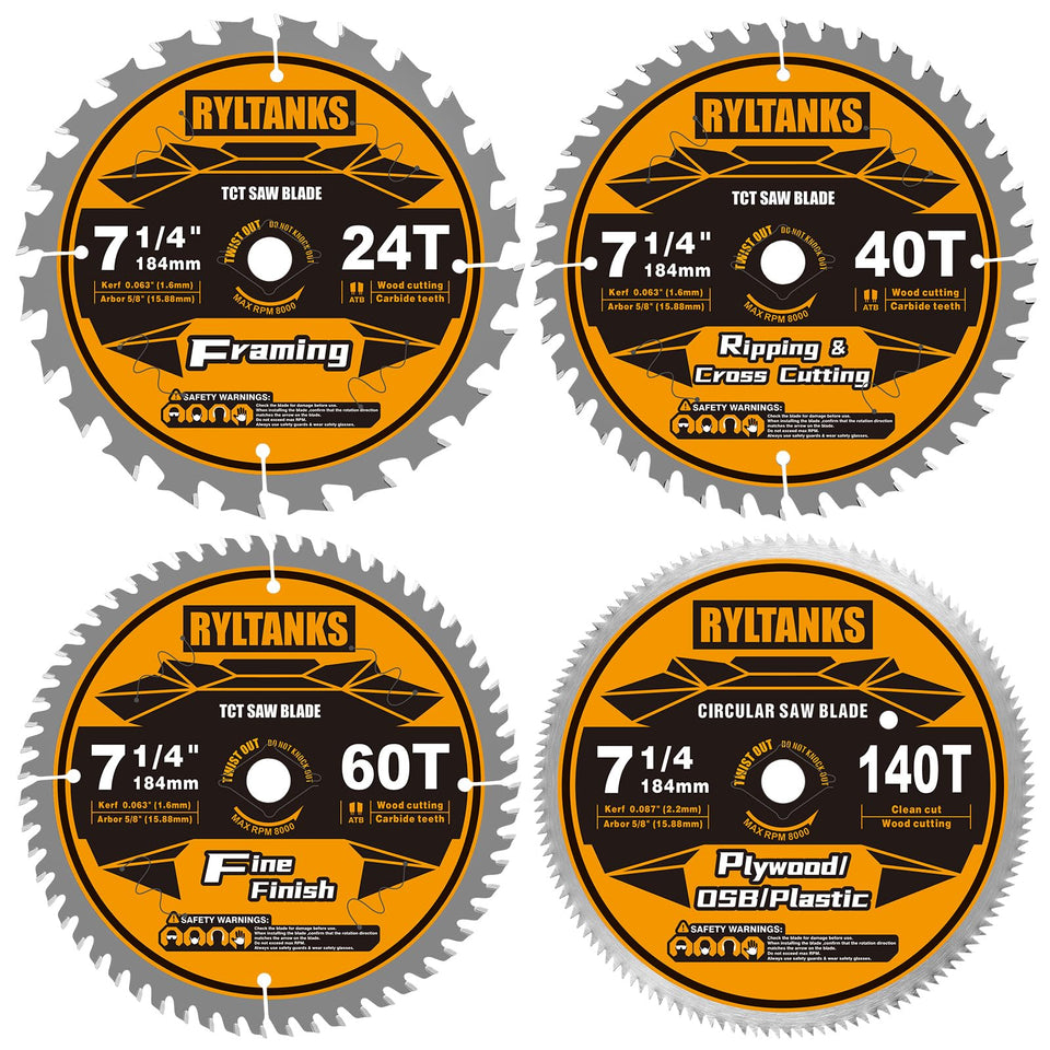 Ryltanks 7-1/4 inch blade pack with 24T/40T/60T for versatile cutting.