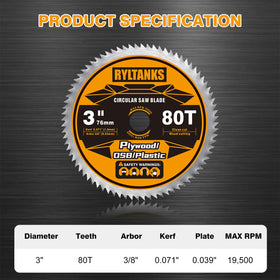 Ryltanks 3in 80T blade cuts plywood and OSB smoothly for paneling.