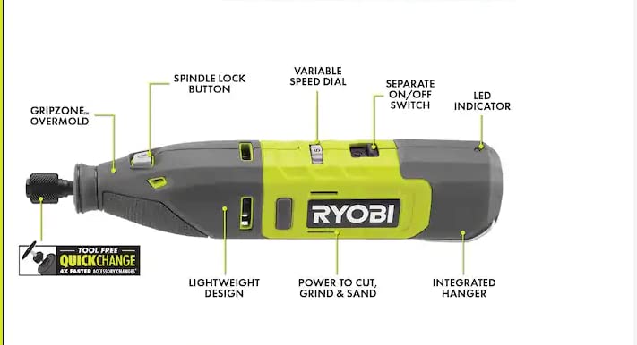 RYOBI 12V cordless rotary tool kit with accessory case enables organized projects and fast swaps.