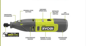 RYOBI 12V cordless rotary tool kit with accessory case enables organized projects and fast swaps.