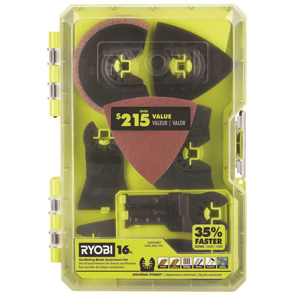 RYOBI 16-piece oscillating blade set with universal fitment enables quick, clean multi-material cuts.