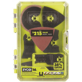 RYOBI 16-piece oscillating blade set with universal fitment enables quick, clean multi-material cuts.