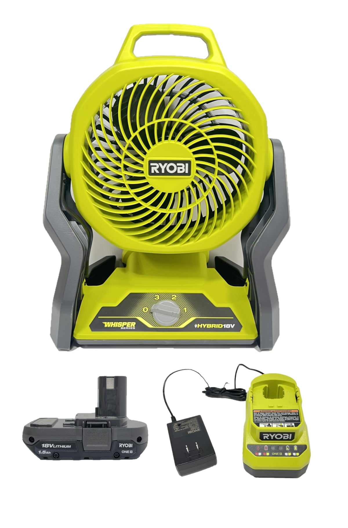 Ryobi 18V hybrid portable fan battery image highlighting long-lasting power for on-site cooling.