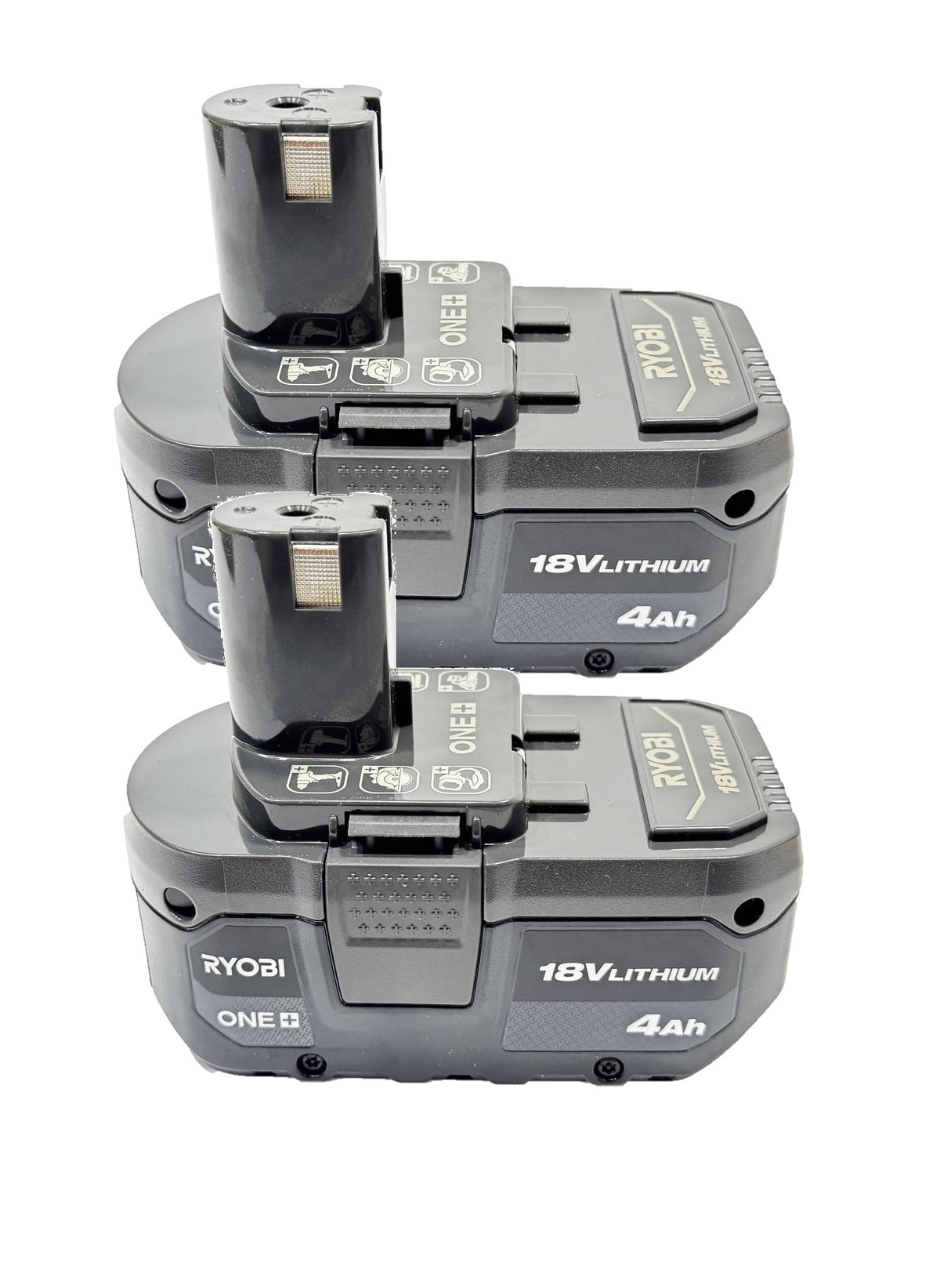 RYOBI 18V ONE+ 4.0 Ah battery front view, compatible with 300+ tools.