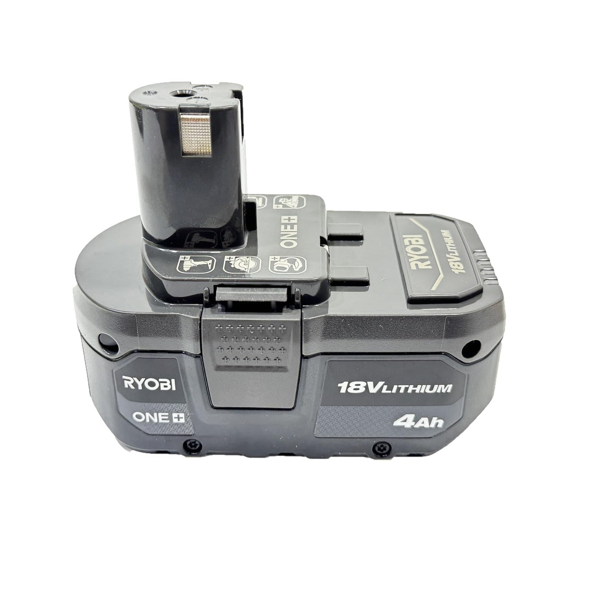RYOBI 18V ONE+ 4.0 Ah battery label close-up showing capacity and system compatibility.
