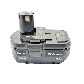 RYOBI 18V ONE+ 4.0 Ah battery label close-up showing capacity and system compatibility.