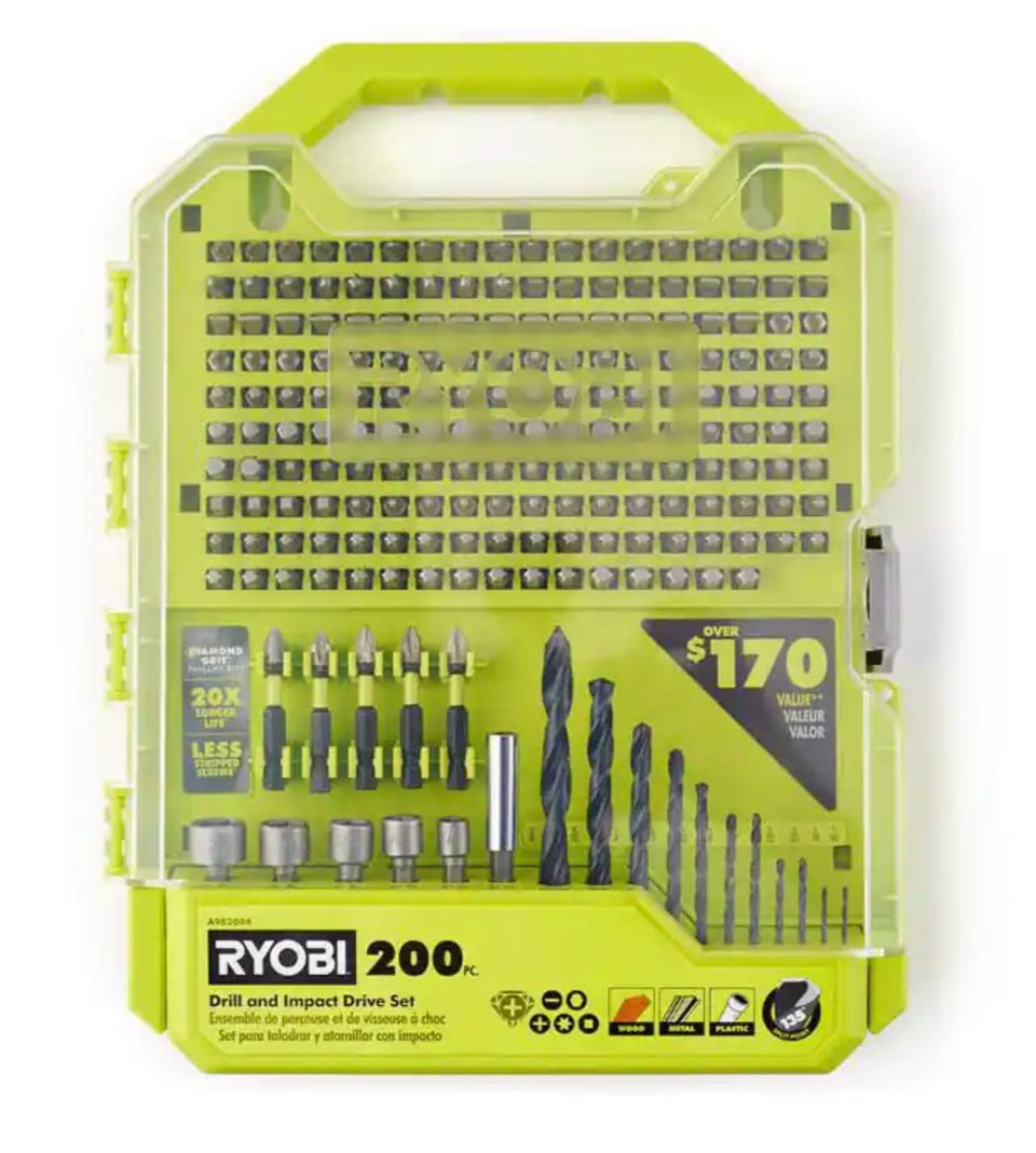RYOBI 200-piece drill and impact drive set packaging highlights comprehensive bits for versatile projects.
