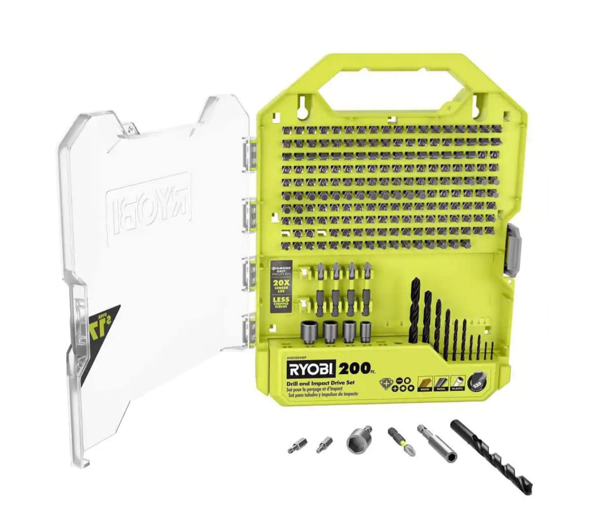 RYOBI 200-piece set in action shown with tools ready for projects.