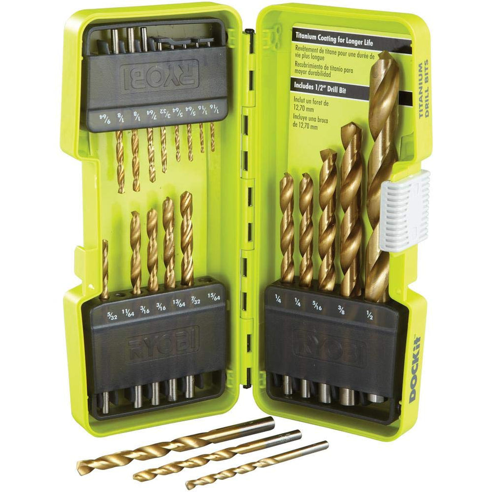 RYOBI 21 PC titanium drill bit set shows versatile bits for wood, metal, and plastic use.