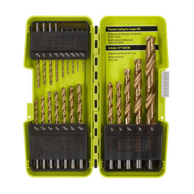 RYOBI 21 PC titanium drill bit set image highlights the 135-degree split point for precise starts.