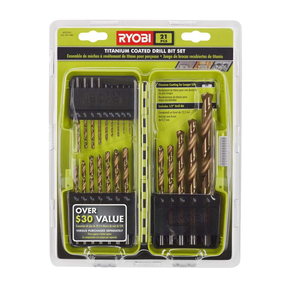 RYOBI 21 PC titanium drill bit set image displays the flat-shank 1/2 inch bit and assorted sizes.