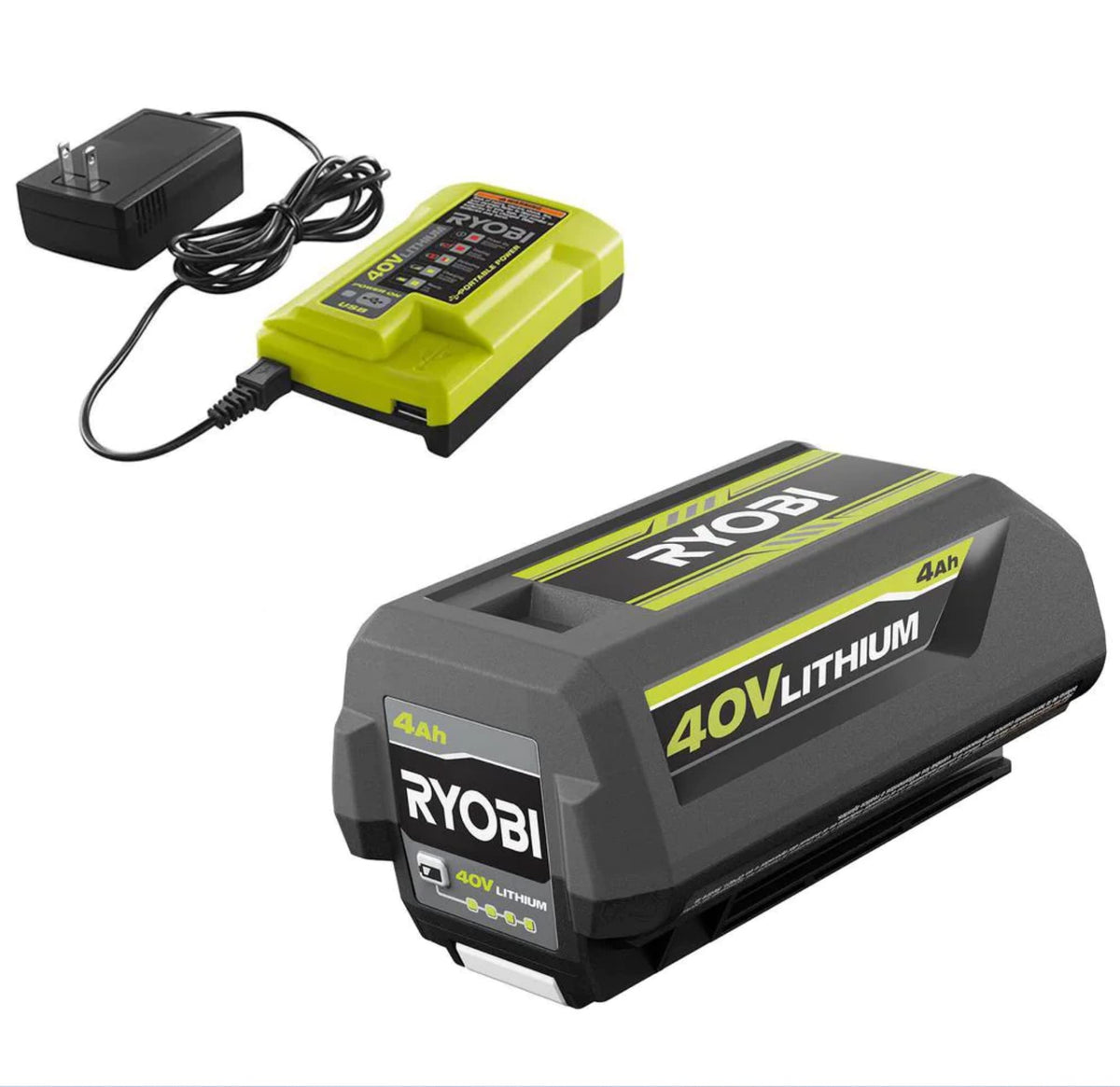 RYOBI 40V 4.0Ah battery with on-board indicator for easy monitoring.