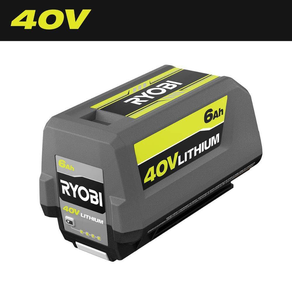RYOBI 40V 6.0Ah battery close-up highlighting build and protection.