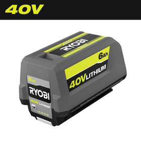 RYOBI 40V 6.0Ah battery close-up highlighting build and protection.