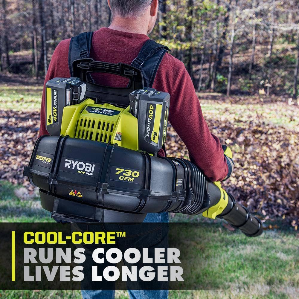 RYOBI 40V 6.0Ah battery with rugged edge protection for outdoors.