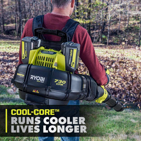 RYOBI 40V 6.0Ah battery with rugged edge protection for outdoors.